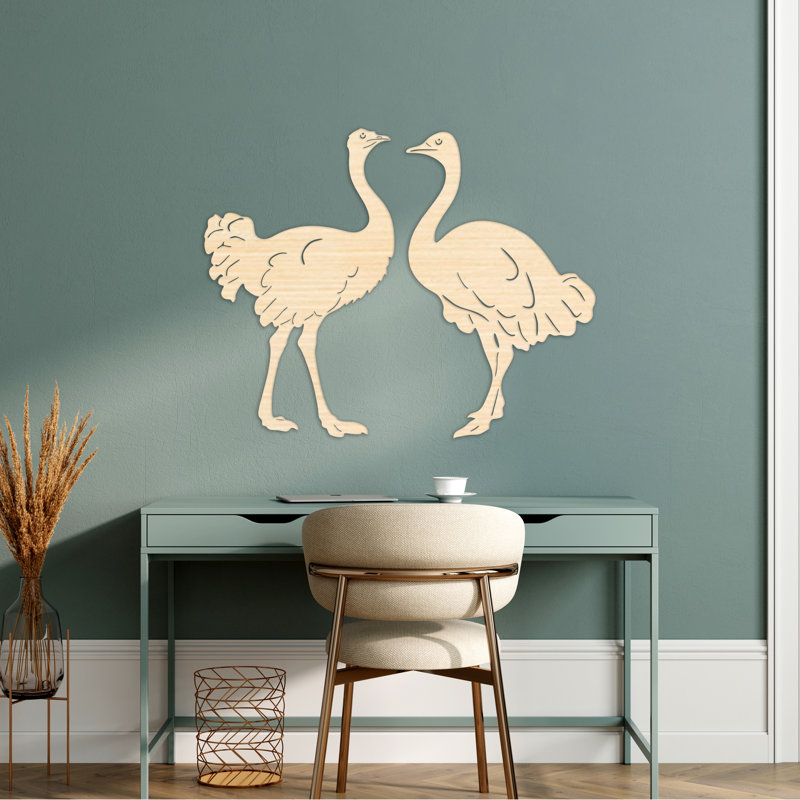 Décoration murale abstraite avec deux autruches - bouleau baltique naturel, H 36,4 po x l 46 po x P 0,25 po