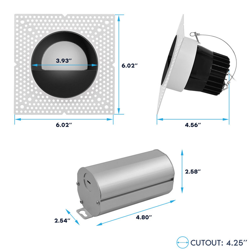 Projecteur encastré sans cadre à DEL 4 pouces avec remplacement de garniture murale noire 25W, 2000LM, 5CCT, à intensité variable, CRI90, blanc + noir LUXRITE