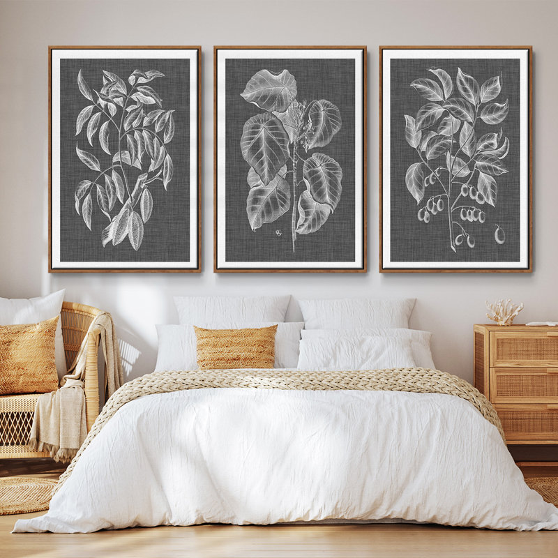 "Graphic Foliage III", ensemble de 3 toiles encadrées, H 40 po x l 78 po, Cadre noyer