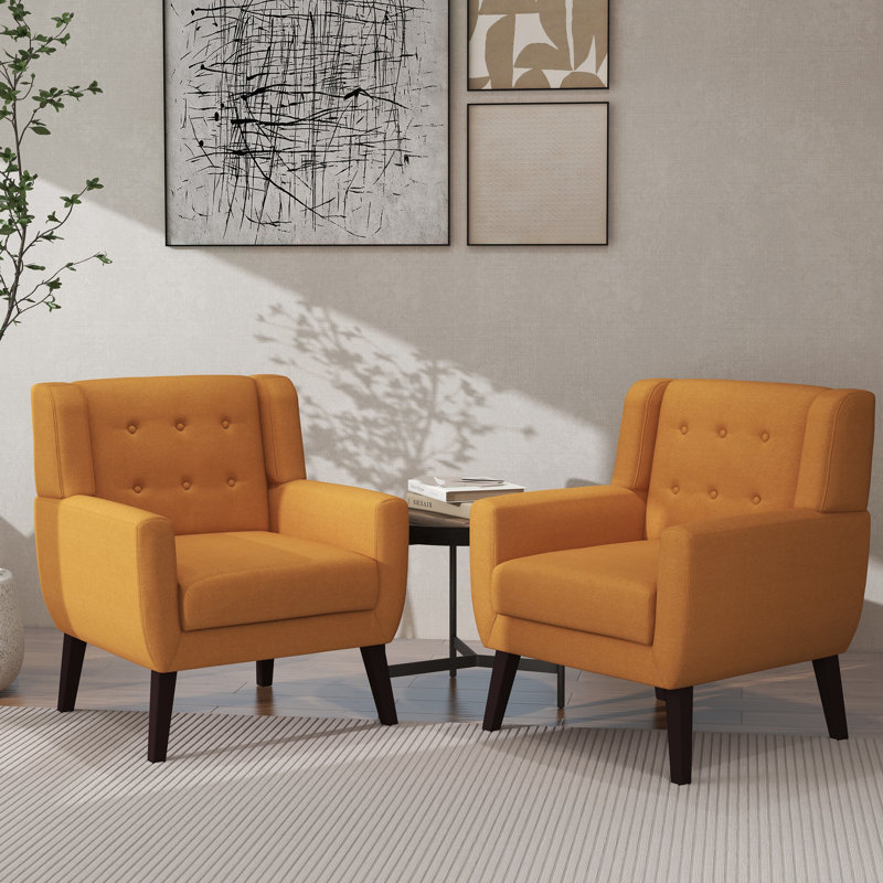 Davey Upholstered Orange Linen Blend Tufted Wide Back Armchair with Solid Wood Leg, Orange Linen Blend