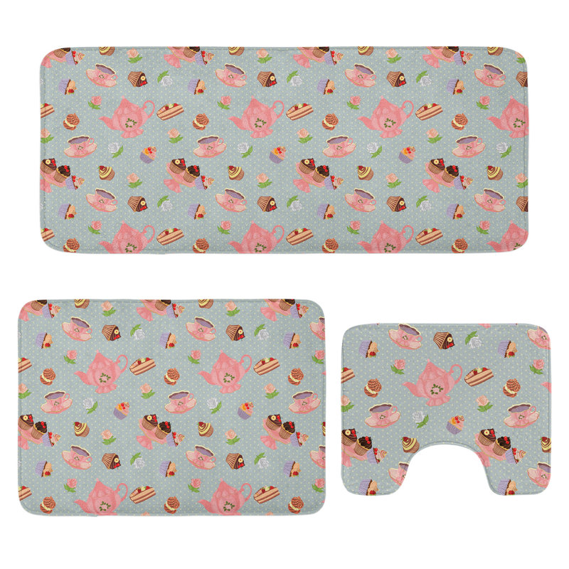  Multicolore ensemble de tapis de salle de bain 3 pièces Tea Party