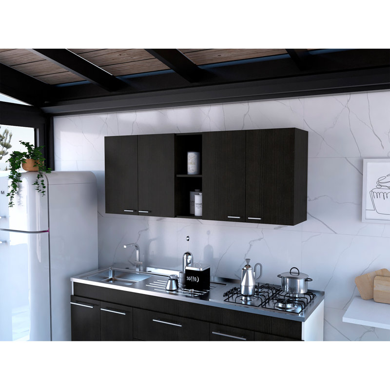 Sitka Wall Cabinet, Two Spacious Divisions, Four Doors, Black, 23.6" H x 47.2" W x 13.1" D