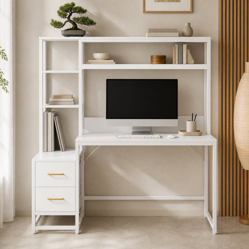 Bureau 55 po avec 2 tiroirs et huche, Blanc