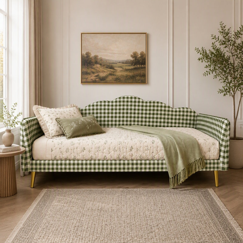 Lit de jour simple rembourré avec pieds en métal, Vert