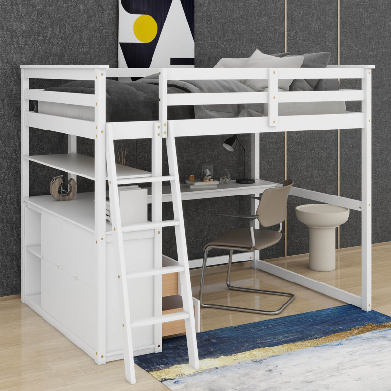 Lit mezzanine simple avec bureau, tablettes et 2 tiroirs, Blanc