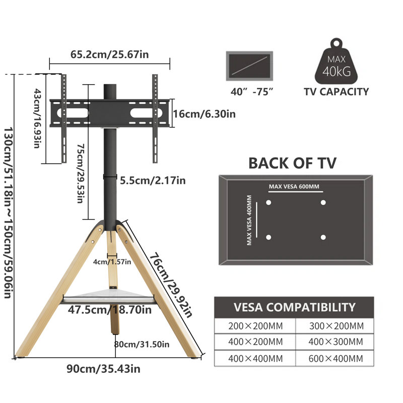 Heavy Tv Floor Stand For 40-75inch Height Adjustable Swivel Tripod Stand With Shelf
