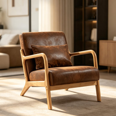 Chaise d'appoint Mid-Century moderne avec structure en bois et coussin de taille, fauteuil de lecture rembourré en lin et coton pour le salon, la chambre à coucher et la véranda - Plusieurs choix de couleurs