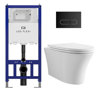Toilette allongée à fixation murale avec support de réservoir dissimulé Los Flexi, plaque à double chasse 0,8 / 1,6GPF