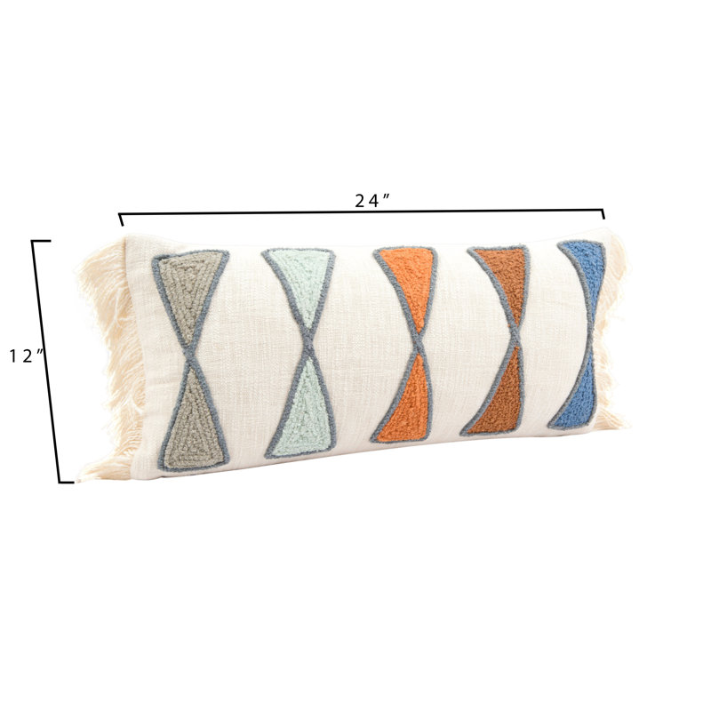 Coussin en coton avec broderie et frange, Vert / orange / bleu / brun / gris / crème