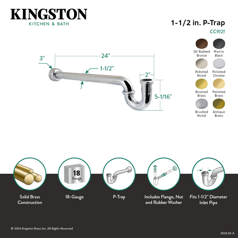 Kingston Brass Trimscape 1-1/2 Inch Decor P-Trap with High Box Flange, 24 Inch Length, 18 Gauge, Antique Brass