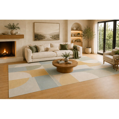 "Ultra Light Weight" Large 6'7" x 9'10"  Sage Green  and Ivory Modern Curved Geometric Area Rug for Living Room, Soft Low Pile Carpet with Non-Slip Silicone Backing, Decor for Bedroom, Dining Area and Home Office