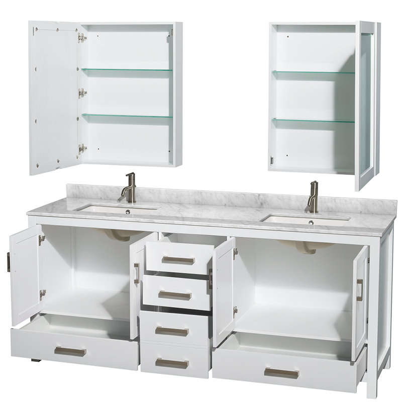 Sheffield 72" Double Bathroom Vanity Set with Mirror, White Carrara Marble, White, 80" W