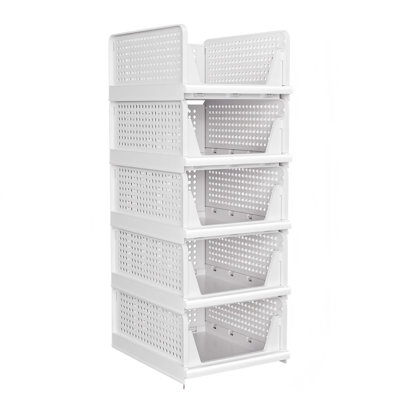 5 Pack Stackable Closet Storage Basket, Multifunctional & Foldable Closet Organizer, White