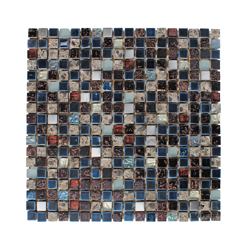 Hand Colored Mosaic 0.63" x 0.63" Glass/Natural Stone Grid Mosaic Wall & Floor Tile, Blue/Gray/Black