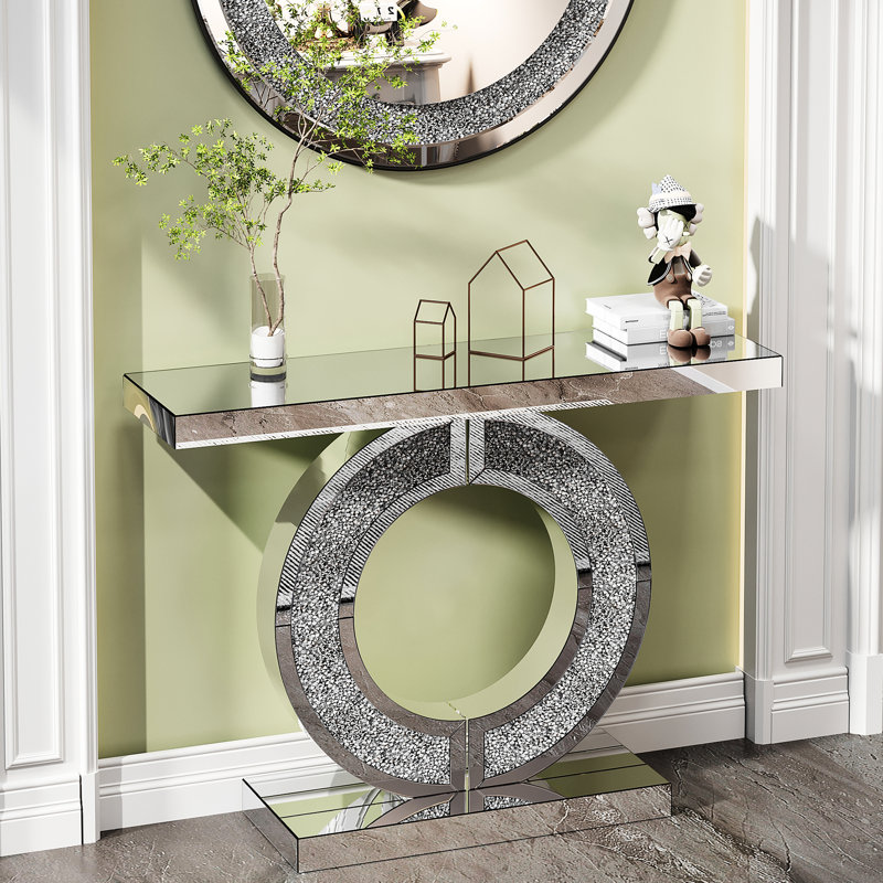 Miroir en forme de O, table de couloir en cristal, conception moderne pour la maison, verre miroir, cadre à double base, surface plane lisse, manuel d'assemblage avec guide étape par étape et étiqueté, profondeur de 43,4 po, largeur de 11,82 po,