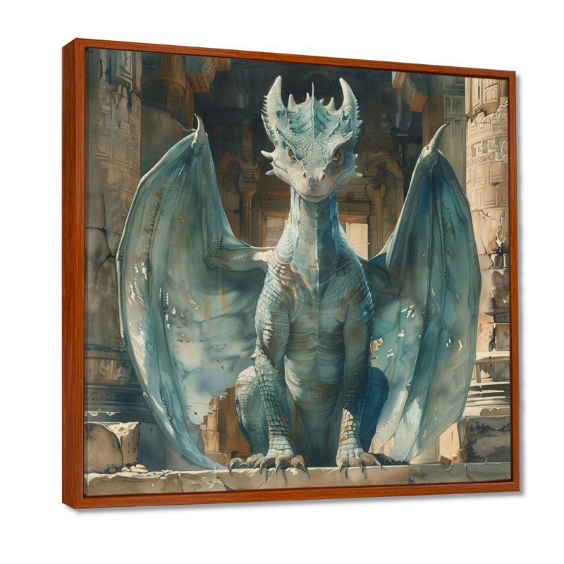 «Green Antique Ruins Dragon II - Dragons», art mural, Toile avec cadre flottant brun, H 36 po x l 36 po x P 1,5 po