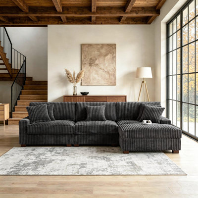 4 - Piece Upholstered Gray Faux Rabbit Fur Flannel Modular Sectional Sofa with Throw Pillows & Removable Ottomans