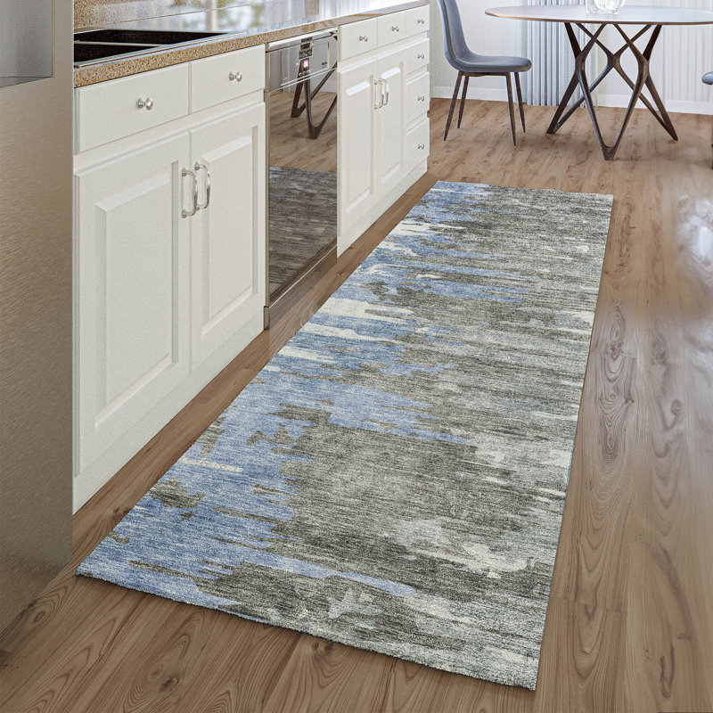 Premium Machine Washable Prisco Blue Rug, Runner 2'3" x 7'6"