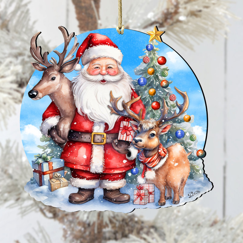 Handcrafted Santa with Reindeer Wooden Holiday Ornament