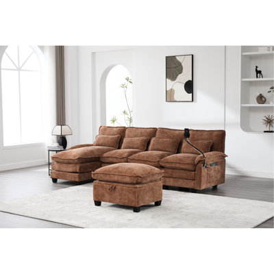 4 sièges en forme de U pour l'espace de vie principal, revêtement en chenille orange, confortable et modulaire, encastré + type C, porte-téléphone et double poches latérales, tissu, structure en bois massif, charge, amovible