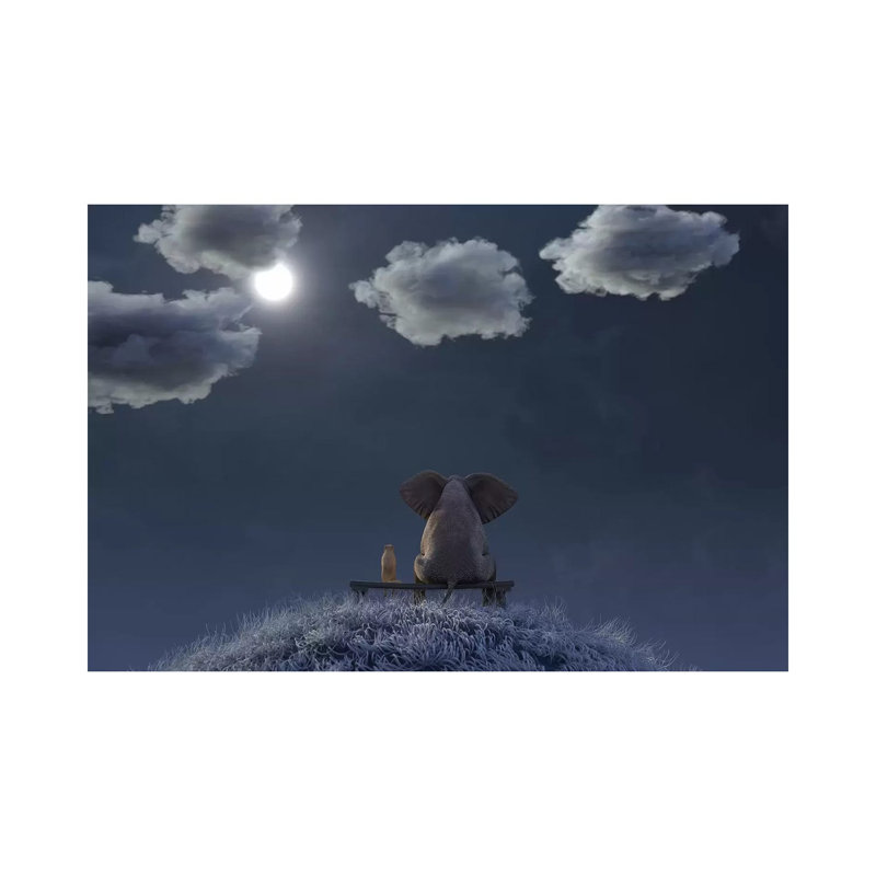 Elephant And Dog Are Sitting On A Meadow On A Moonlit Night by Mike Kiev - Wrapped Canvas Print