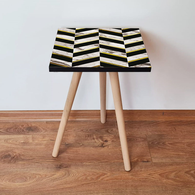 Modern Side Table with Beech Wood Legs, 13.8 x 16.5 x 13.8 inches | 100% MDF Construction, Thickness: 0.7 inches | Stylish Black, Gold & White Chevron Design | Perfect for Living Room & Bedroom Decor