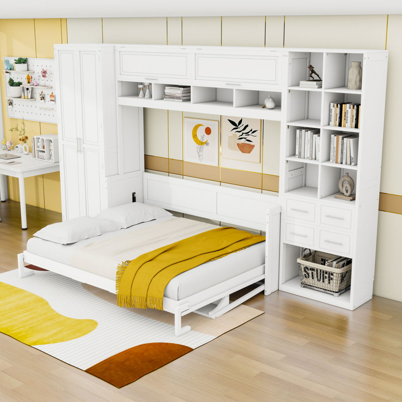 Lit escamotable avec placard, tiroirs et tablettes Murphy, Blanc, Grand
