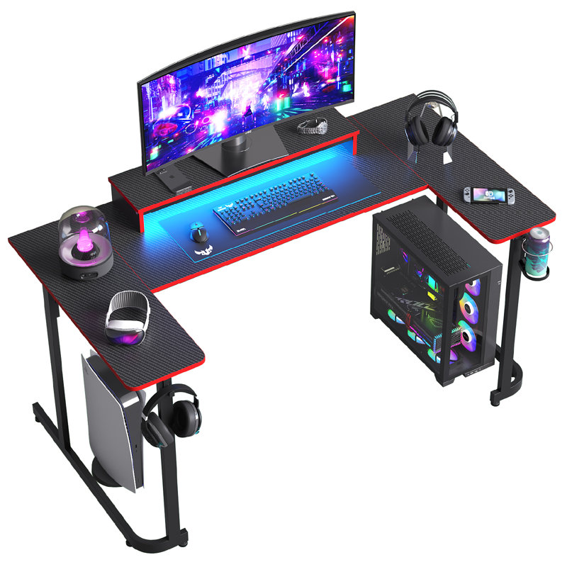 Monike 51“/59” U-Shaped Computer Desks with LED Lights, Gaming Desks with Monitor Stand, Headphone Hook and Cup Holder