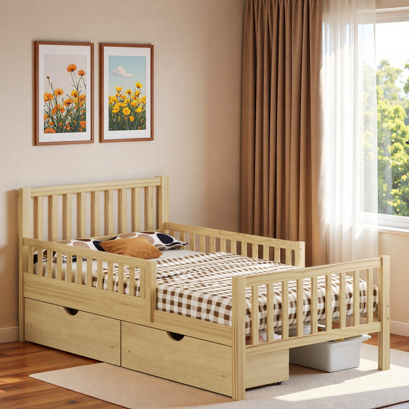 Lit plateforme en bois avec garde-corps et 2 tiroirs de rangement, Lit simple