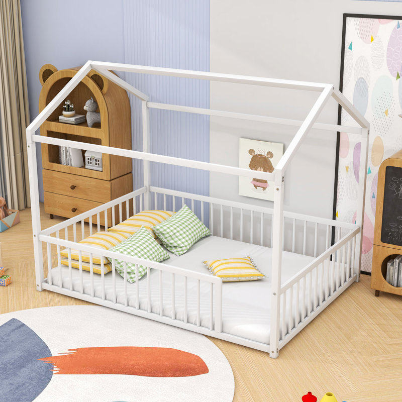 Metal Montessori Floor Bed Frame With Fence, Full, White