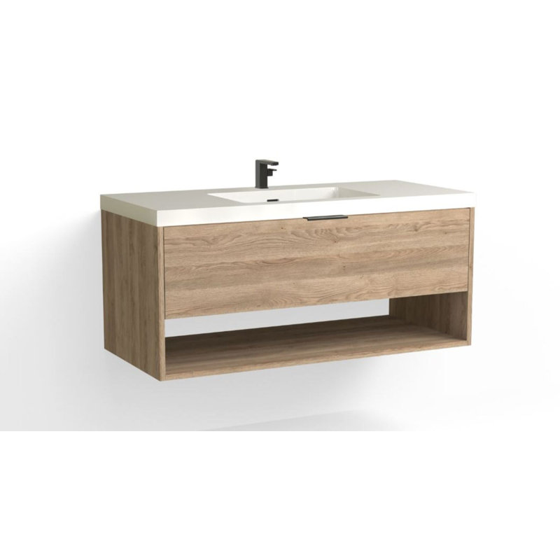 Modo 48" W Wall Mounted Single Bathroom Vanity, Glossy White/Single, Matte Black, White Acrylic