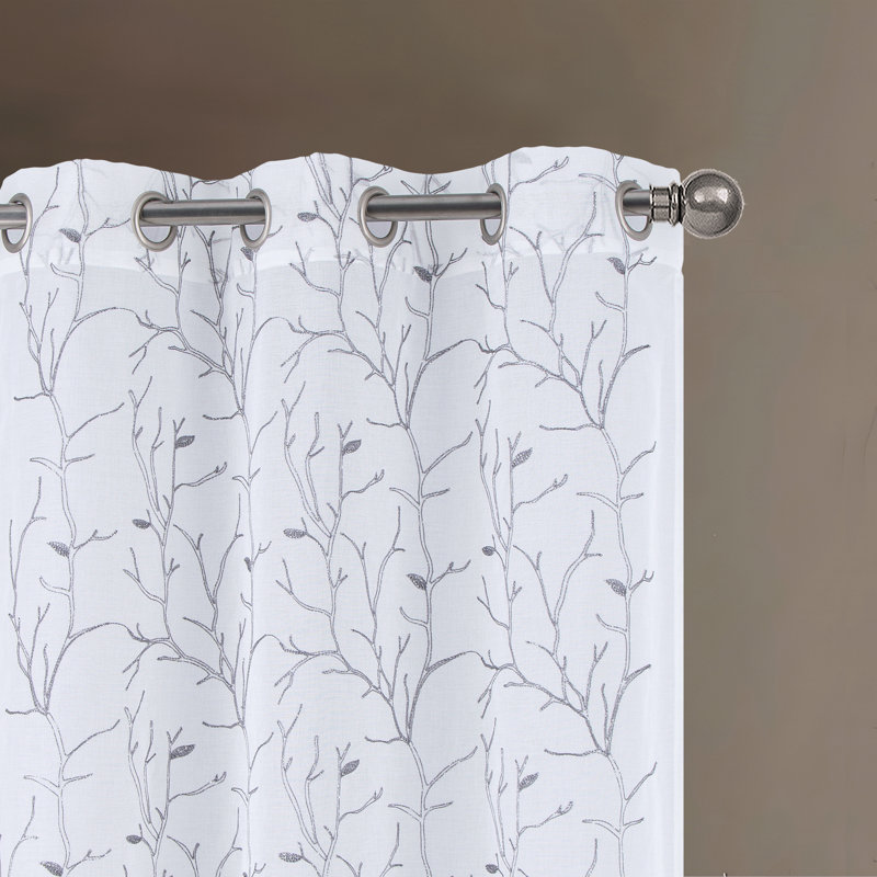 Crimins Embroidered Branches Sheer Window Curtain Set 84" Or 96", 36" W x 96" L, Silver