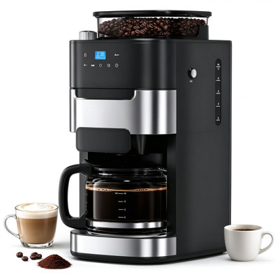 Cafetière à goutte à goutte de 10 tasses COWSAR avec moulin intégré, fonction de mouture et d'infusion programmable, trémie à grains de 220 g, réglages réglables, alerte de détartrage, minuterie, maintien au chaud et écran tactile à DEL.