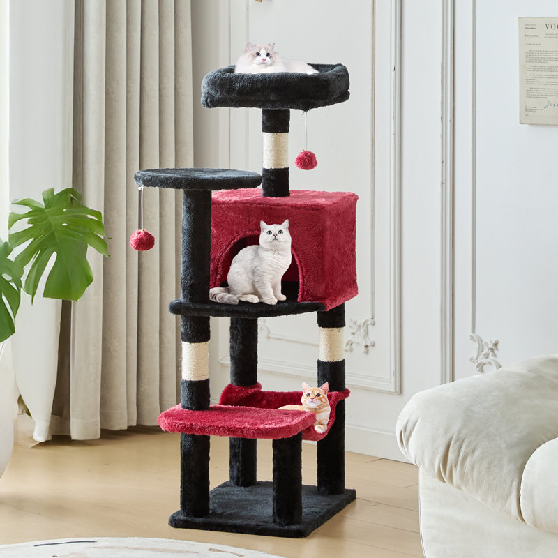 Arbre à chat H 44 po avec perchoir, condo, hamac et poteau à griffes, Noir rouge