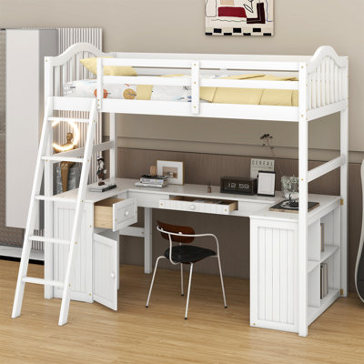 Lit mezzanine simple avec tiroirs, armoire, tablettes et bureau Jalante