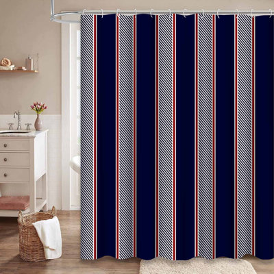 Rideau de douche rayé bleu rouge blanc marine avec 12 crochets