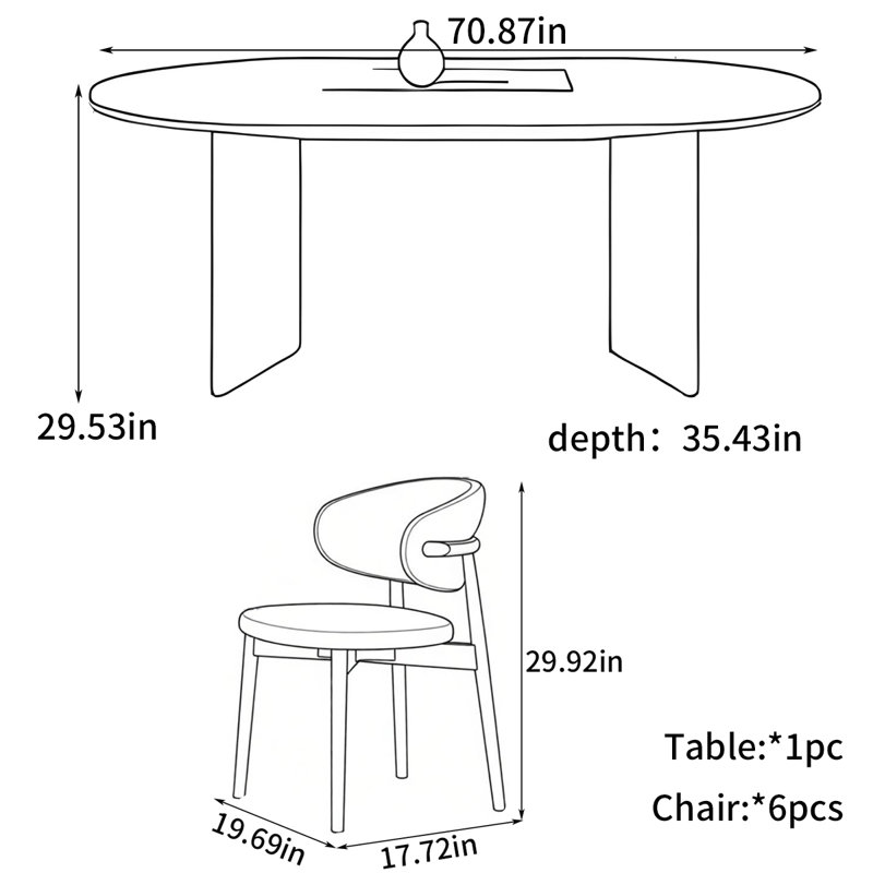 Oval-shaped French-style dining table, 29.53"H x 70.87"L x 35.43"W