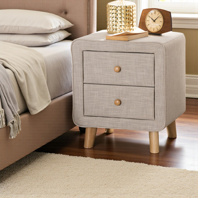 Mellow Beige Upholstered 2-Drawer Nightstand With Oak Drawer Pull, 22.74" H X 19.61" W X 15.94" D, Beige