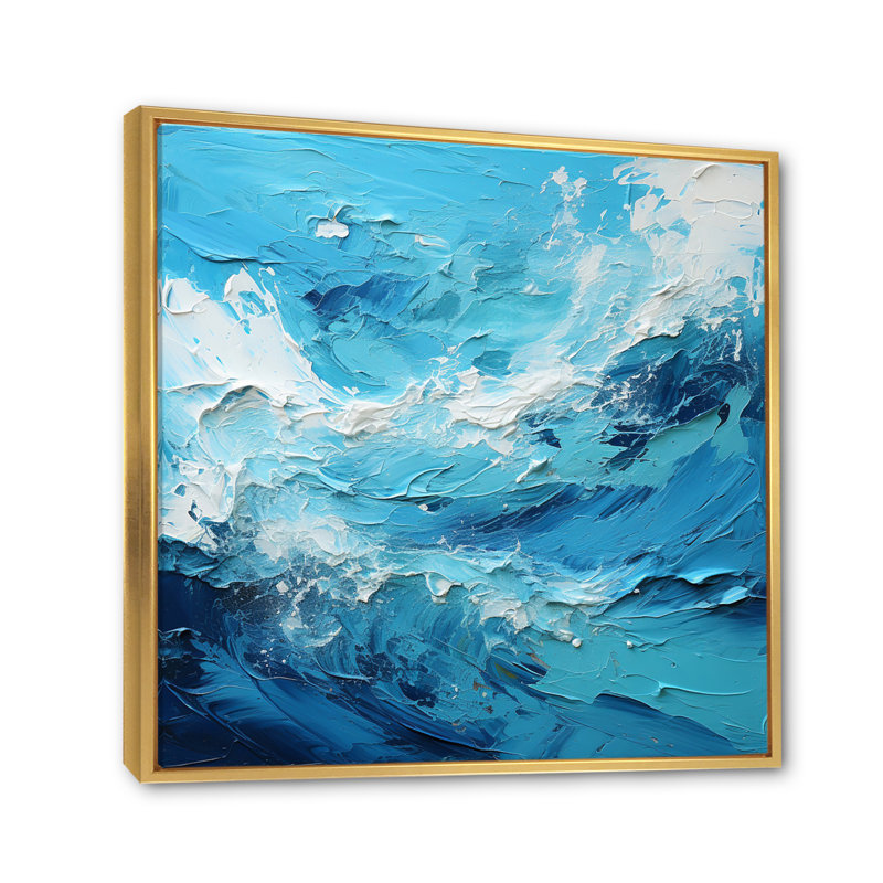 Cerulean Seascape III - Abstract Landscape Wall Art Living Room, H 16 po x l 16 po, Cadre flottant doré