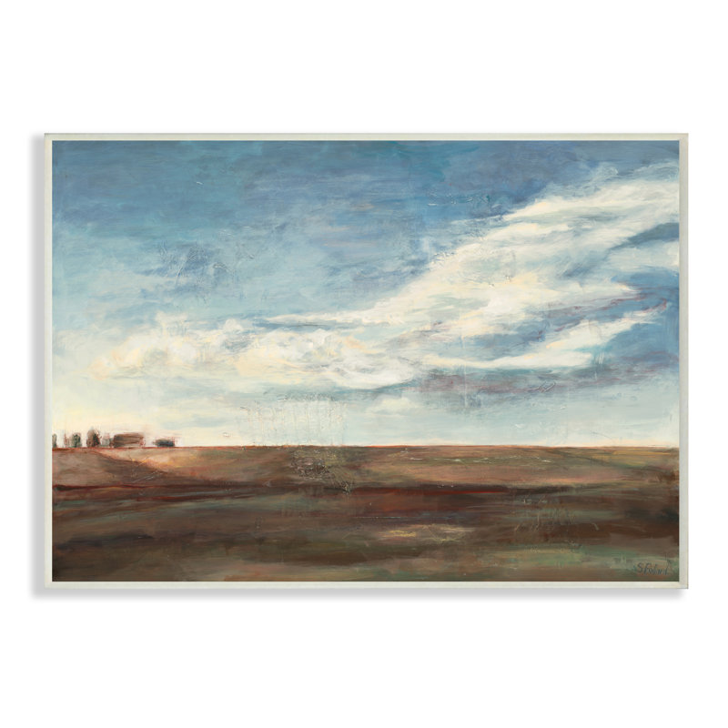 «Cloudy Country Landscape Distant Town Earth Tones» par Stacy Pollard - Peinture, H 13 po x l 19 po, Plaque murale