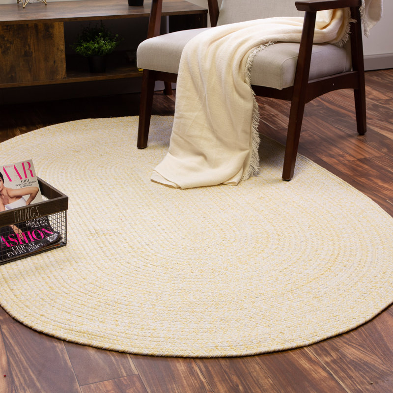 Etherton Farmhouse Hand Braided Cotton Yellow / Ivory Area Rug, Oval 3' x 5'