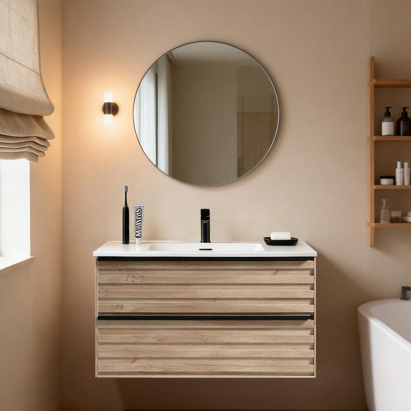 Ebern Designs Wall Mounted Floating Bathroom Vanity with Sink, 2 Extra Big Drawers, Golden Oak, 30"