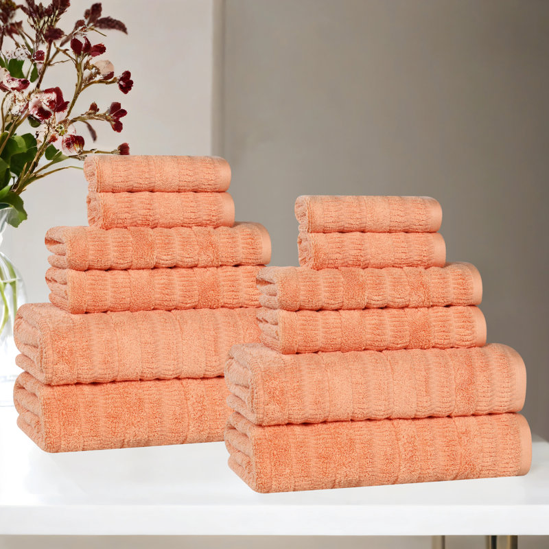 Mika Smart Twist Viscose Cotton Blend Medium Weight Solid Textured Ribbed 12 Piece Towel Set, Peach