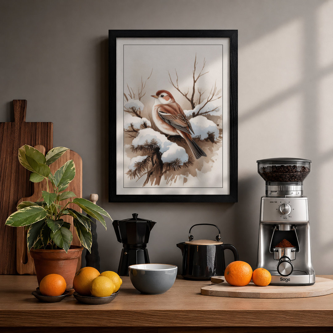Sparrow in Winter Japandi Framed Art Print