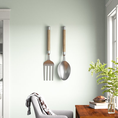 Aluminum Metal Spoon and Fork Utensils Silver Wall Decor Set