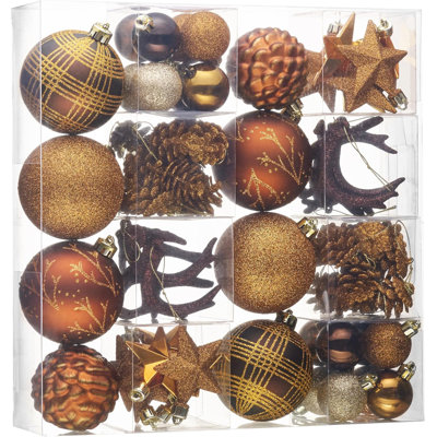 Valery Madelyn Christmas Ornaments Set, 70ct Brown Copper Gold Shatterproof Christmas Tree Decorations, Woodland Hanging Ball Ornaments Bulk for Xmas Holiday Decor