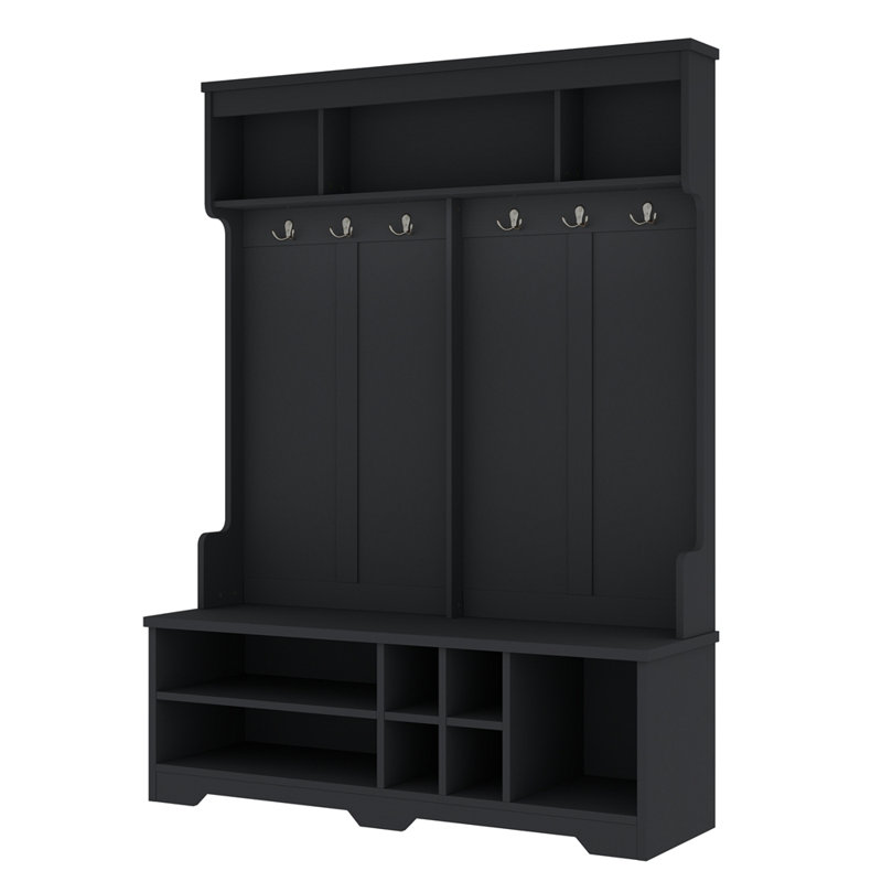 Modern Hallway Hall Tree With Metal Hooks And Storage Space, Multi-Functional Entryway Coat Rack With Shoe Cubbies, Black