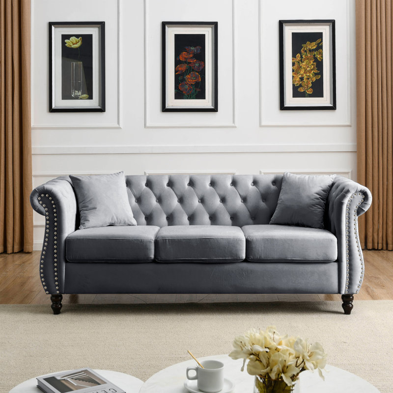 Canapé moderne en velours Chesterfield, H 30,05 po x l 80,05 po x P 29,05 po, Gris