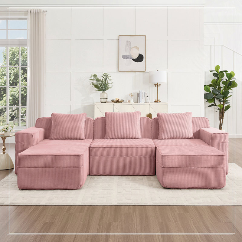Canapé modulaire à 3 places en forme de U sans os, canapé modulaire Cloud avec assise profonde, canapé modulaire moderne à 3 places avec coussins décoratifs et 2 repose-pieds mobiles