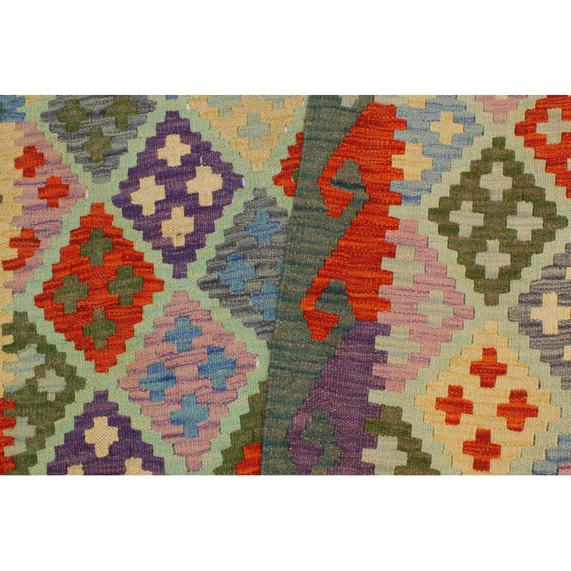 Tapis bleu / vert en laine tissé à la main à motif tribal / géométrique / sud-ouest de couleur cépage Cedor 3 pi 5 po x 4 pi 6 po